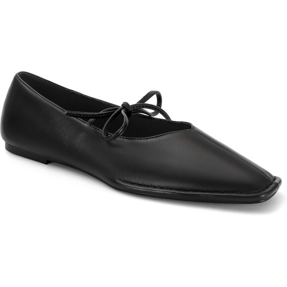 Women Black Faux Leather Square Toe Lace Up Ballerina Ballet Slip On Flats - Picture 6 of 6